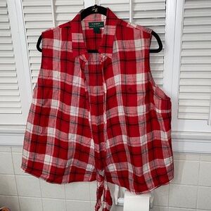 Lauren Ralph Lauren country tie up sleeveless collared top red black dark blue